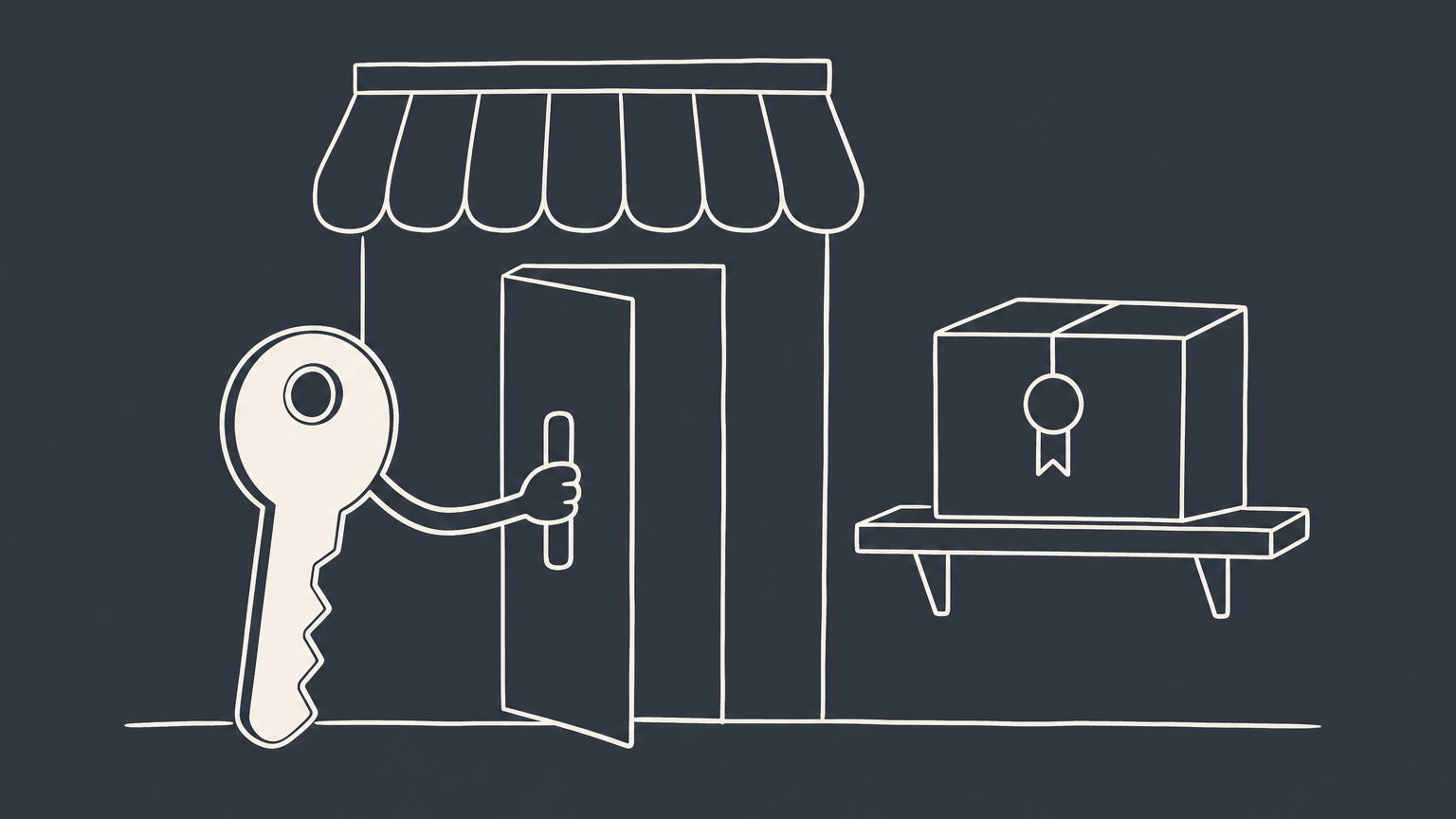 Flat illustration of a key-shaped identification tag opening a storefront without opening a company-formation box, representing getting an EIN without an LLC.
