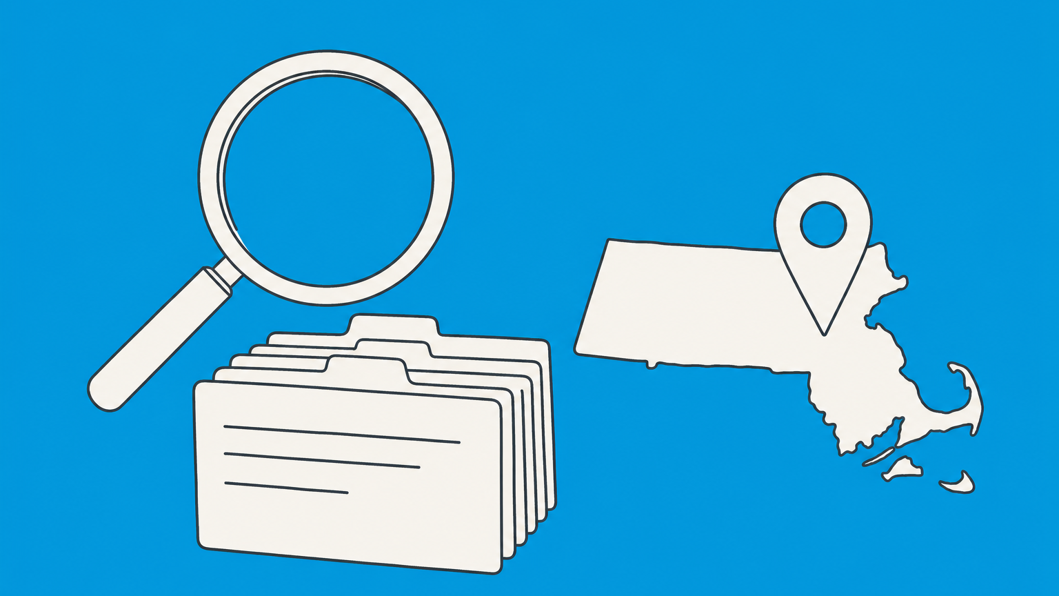 Flat illustration of a magnifying glass inspecting filing cards beside a Massachusetts map marker for a Massachusetts business entity search.