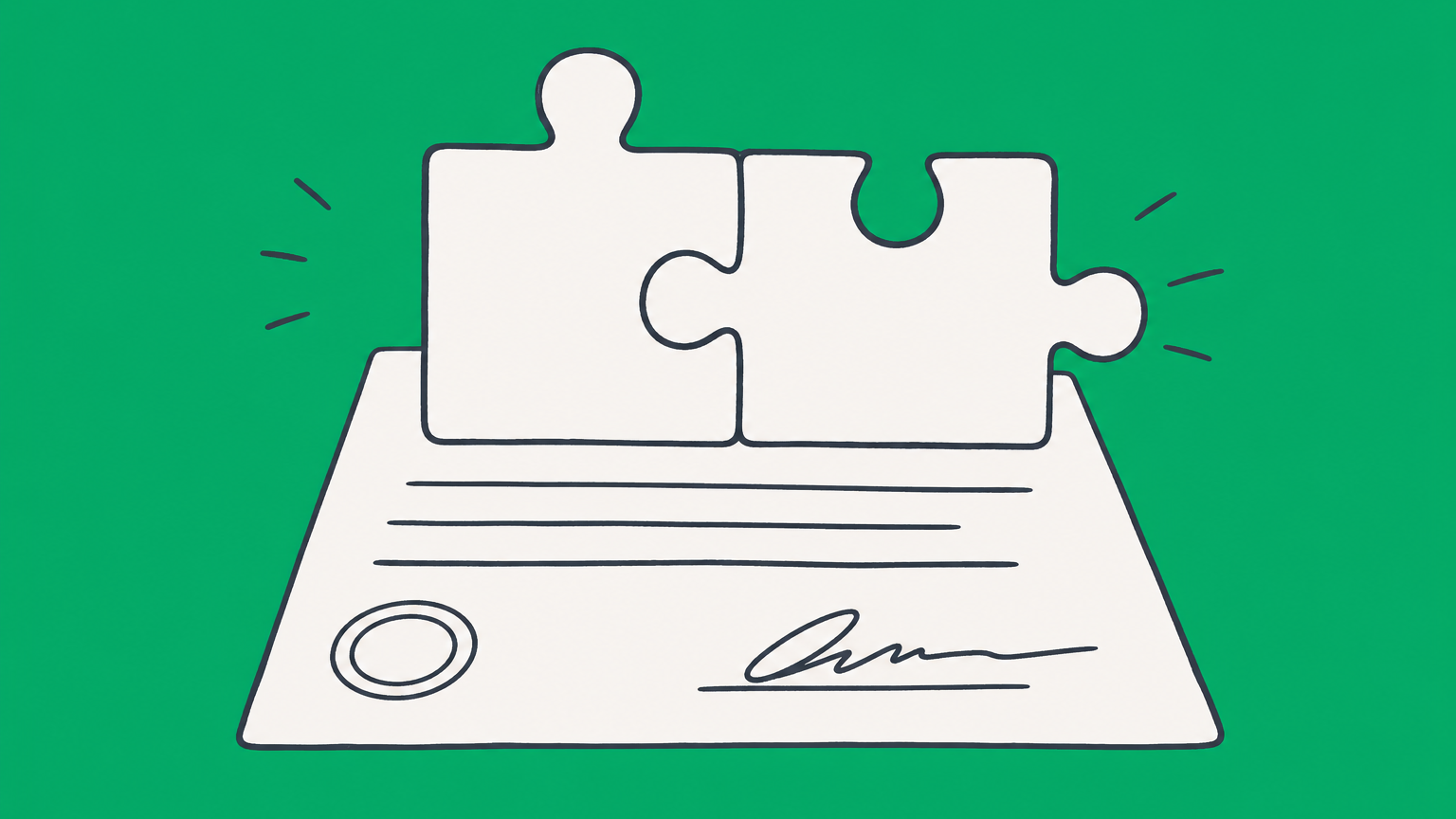 Flat illustration of two puzzle pieces fitting together over a document, representing consensual agreement