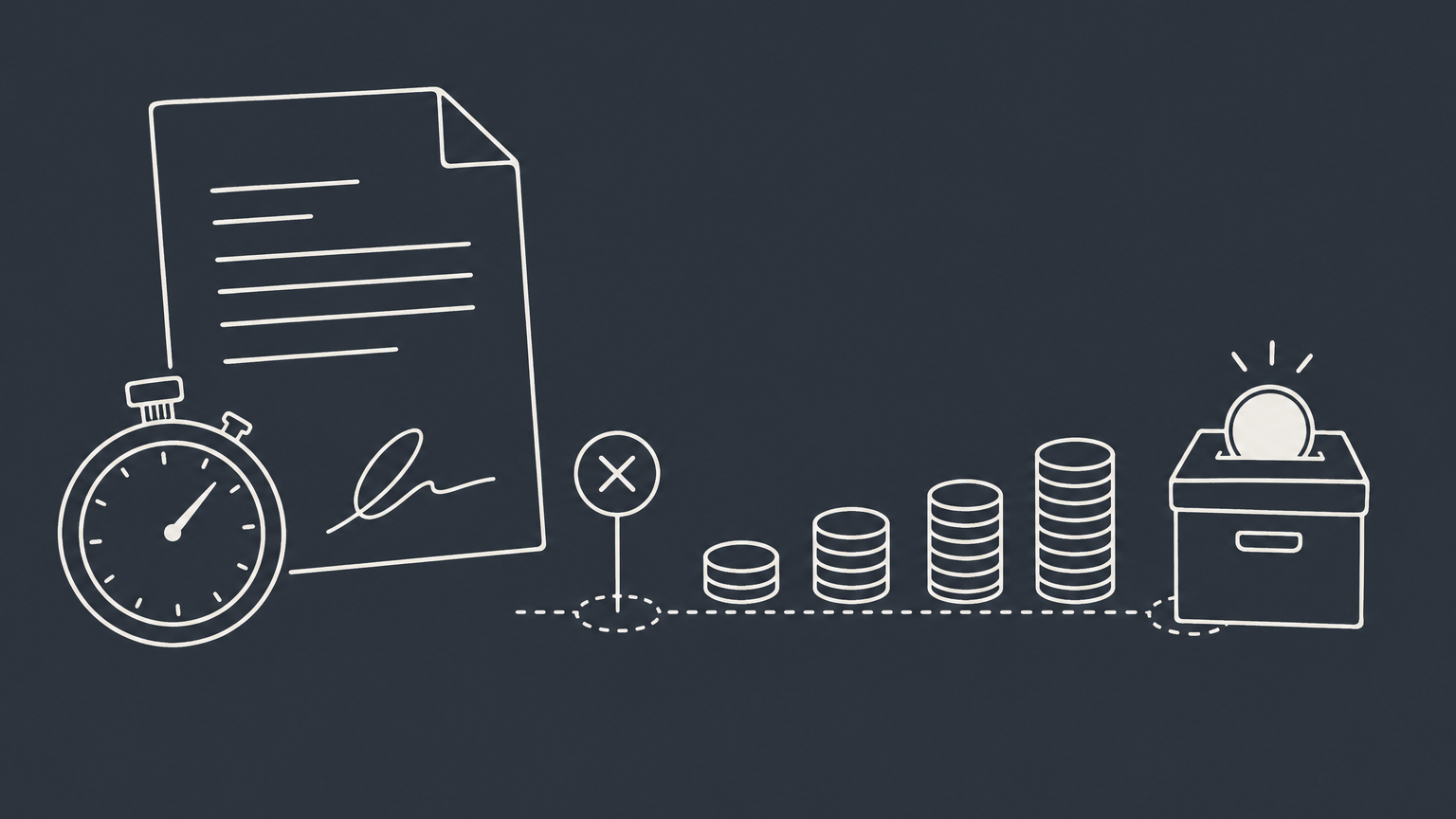Flat illustration of a contract, stopwatch, milestone marker, and measured coins representing an LD liquidated damages clause.