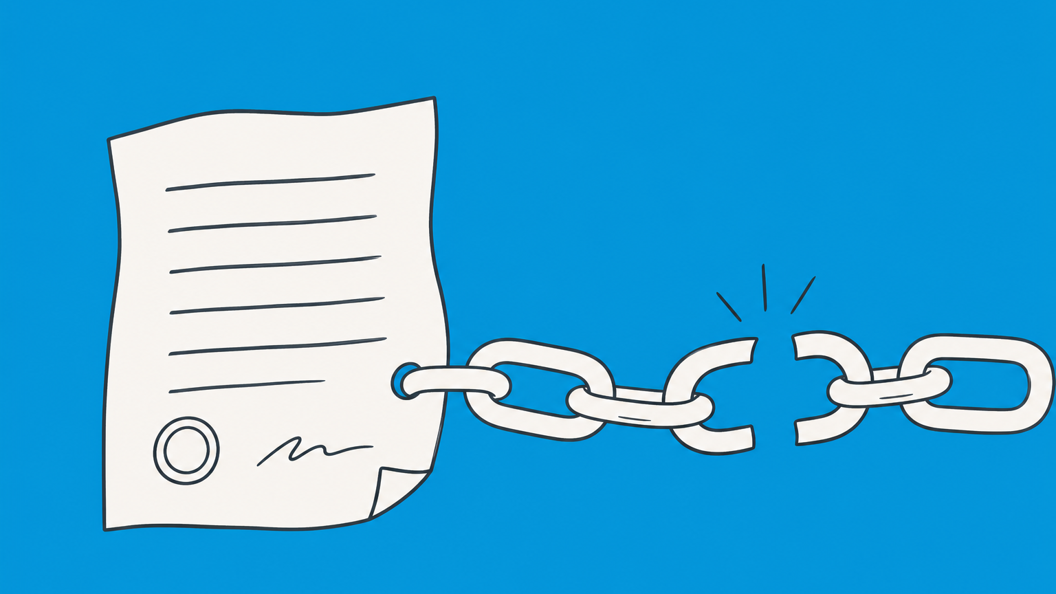 Flat illustration of a contract page connected to an opened chain link representing a waiver of rights.