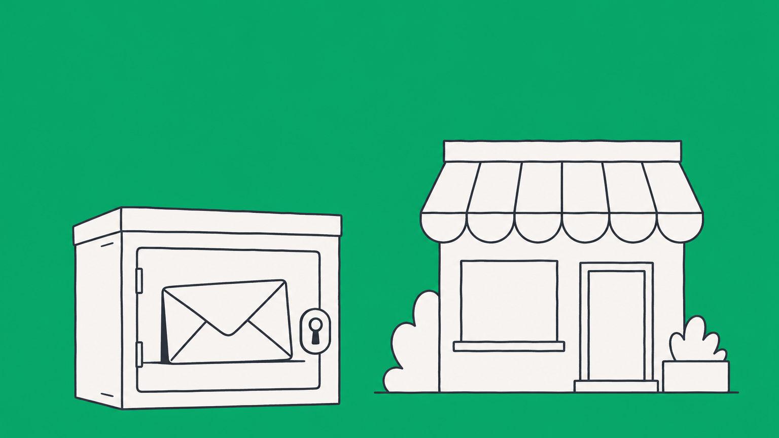 Flat illustration of a post office box with an envelope beside a storefront, representing using a PO box for an LLC address