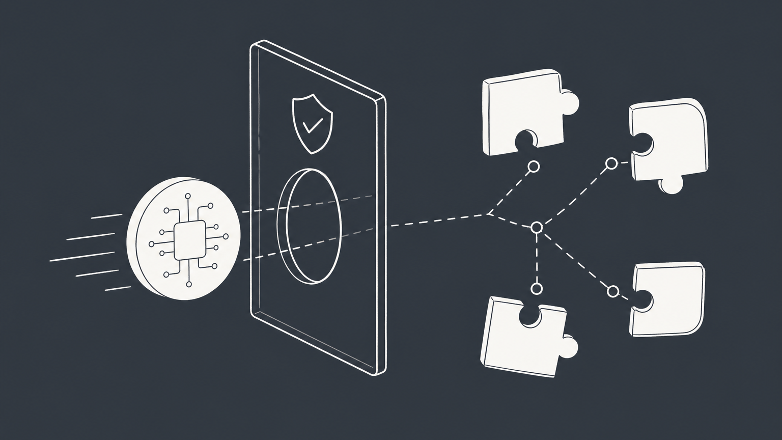 Flat illustration of a digital coin passing through a compliance checkpoint into fractional asset pieces, representing a security token offering.