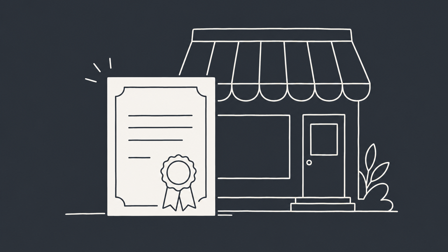 Flat illustration of a sealed certificate in front of a storefront, representing a New York certificate of authority