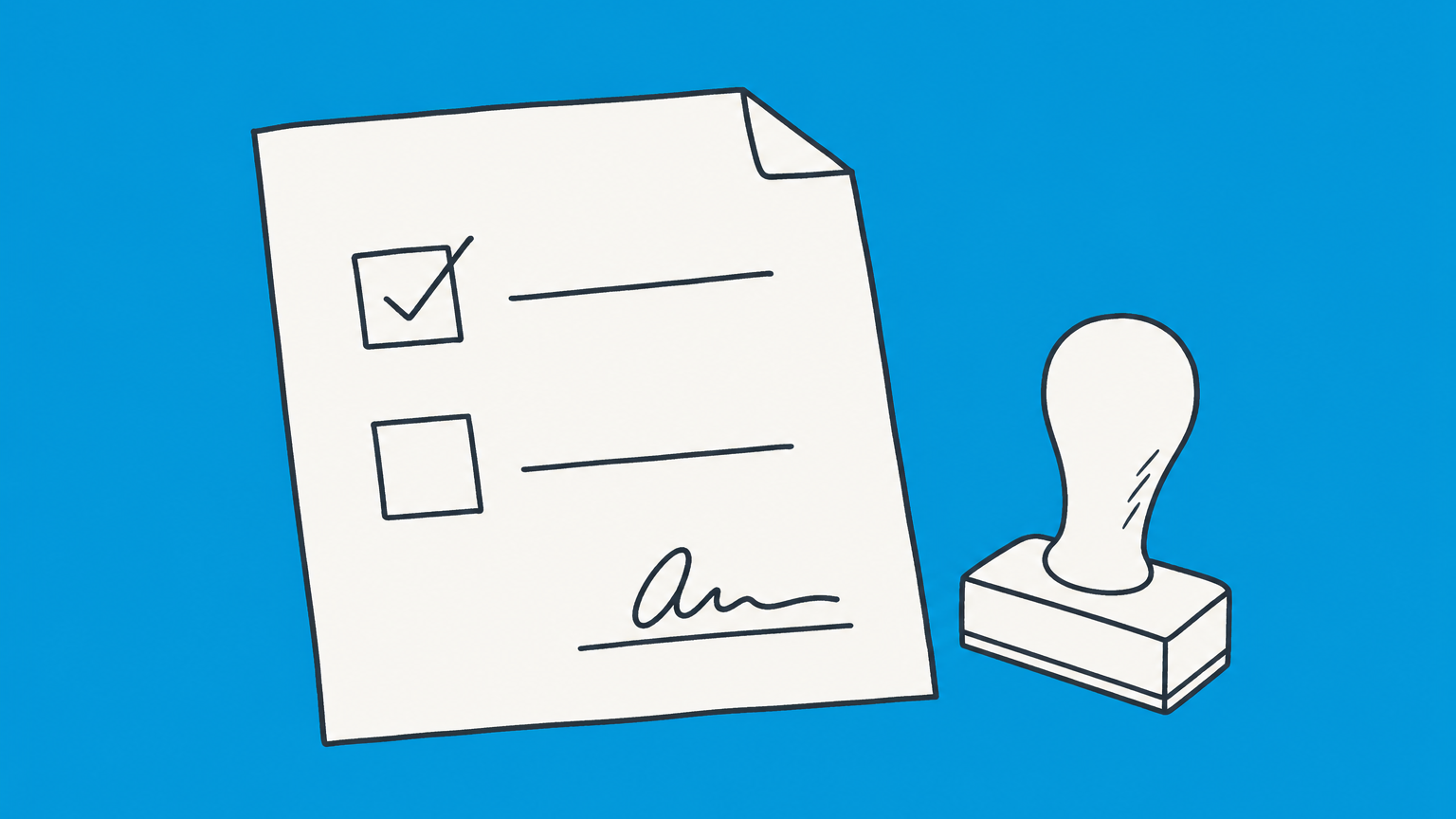 Flat illustration of a document, confirmation stamp, and checkbox representing the meaning of acknowledge in law and contracts.