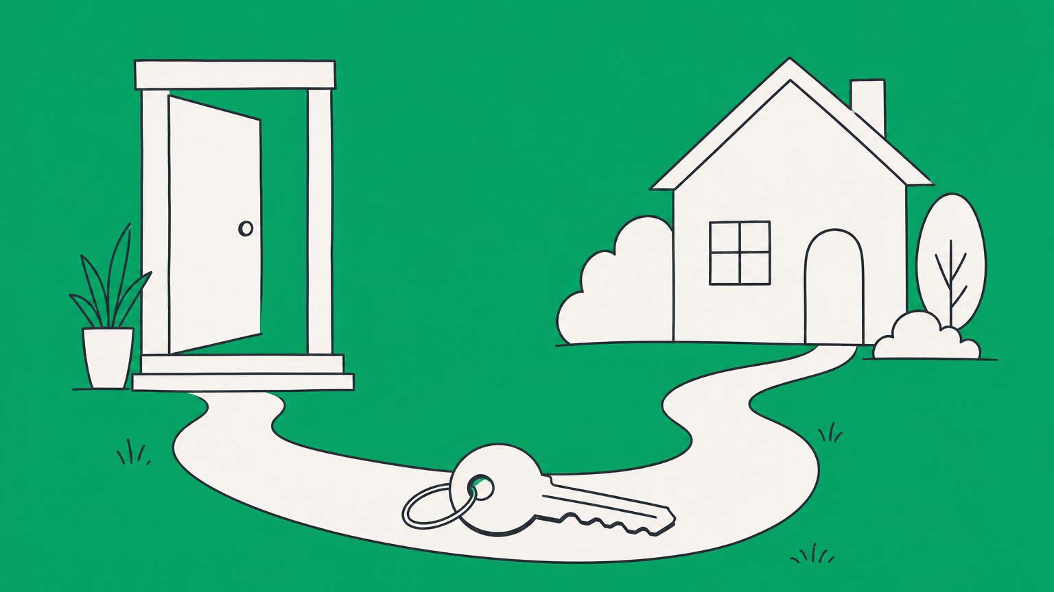 Flat illustration of a key on a path between a rental door and a house, representing rent to own in California
