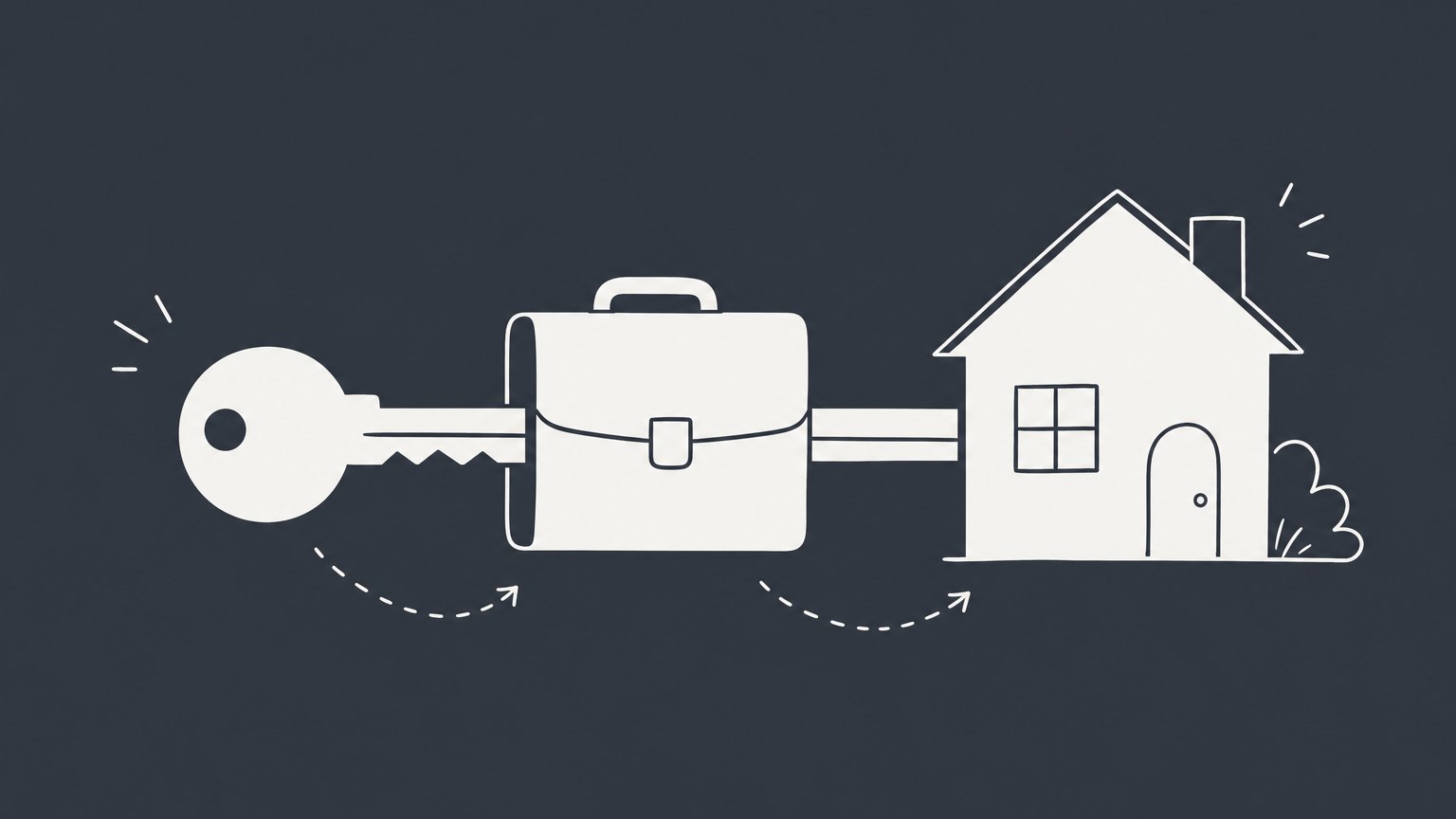 Flat illustration of a house key passing through a briefcase toward a house, representing an exclusive right to sell listing