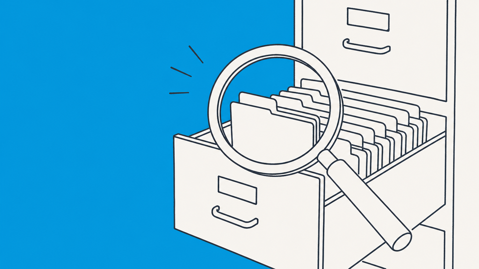 Flat illustration of a magnifying glass selecting a corporate folder from a filing cabinet for a Delaware entity search.