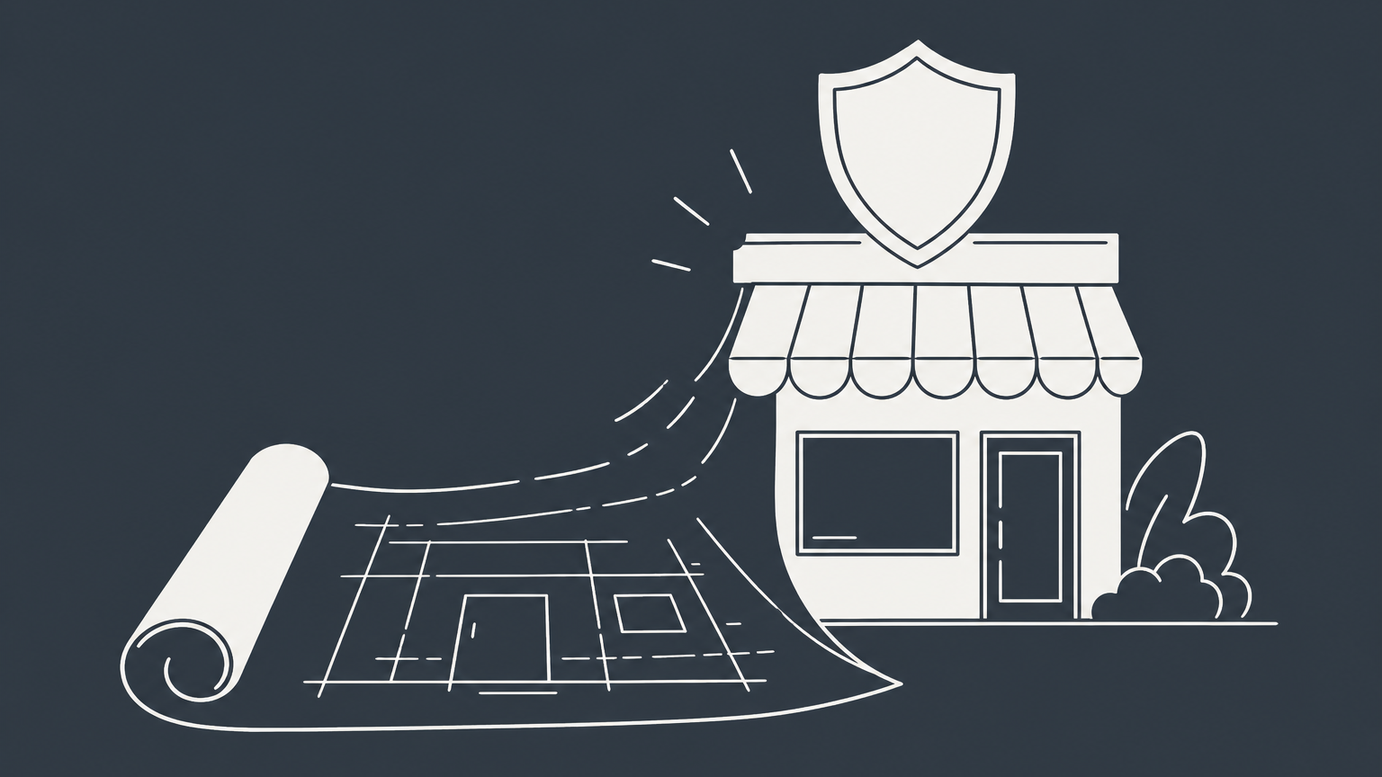 Flat illustration of a blueprint becoming a shielded storefront, representing how to start an insurance company