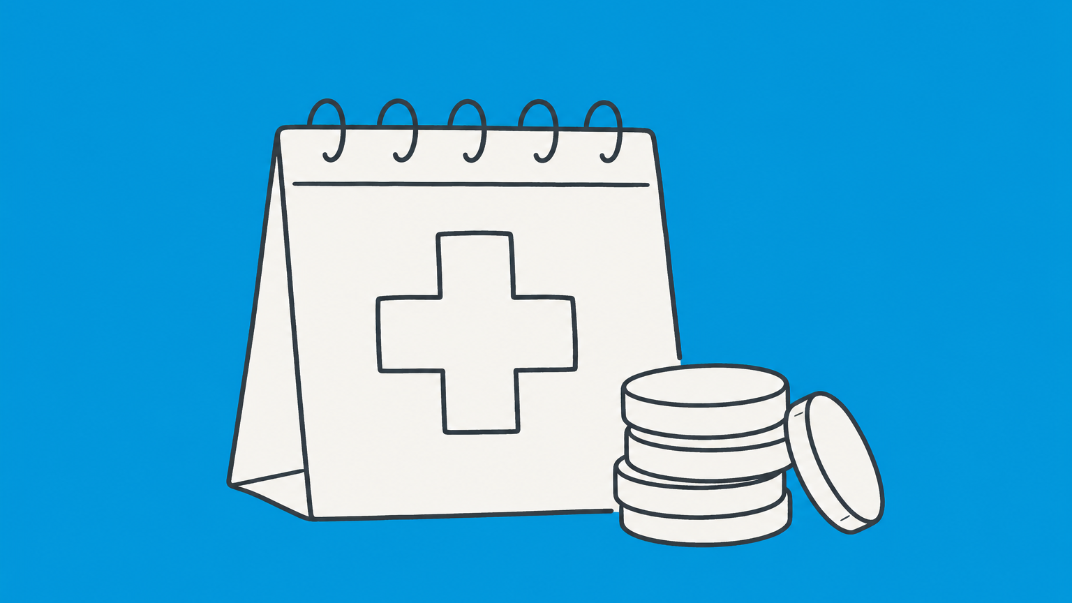 Flat illustration of a calendar with a medical cross next to coins, representing payout of unused sick days in California