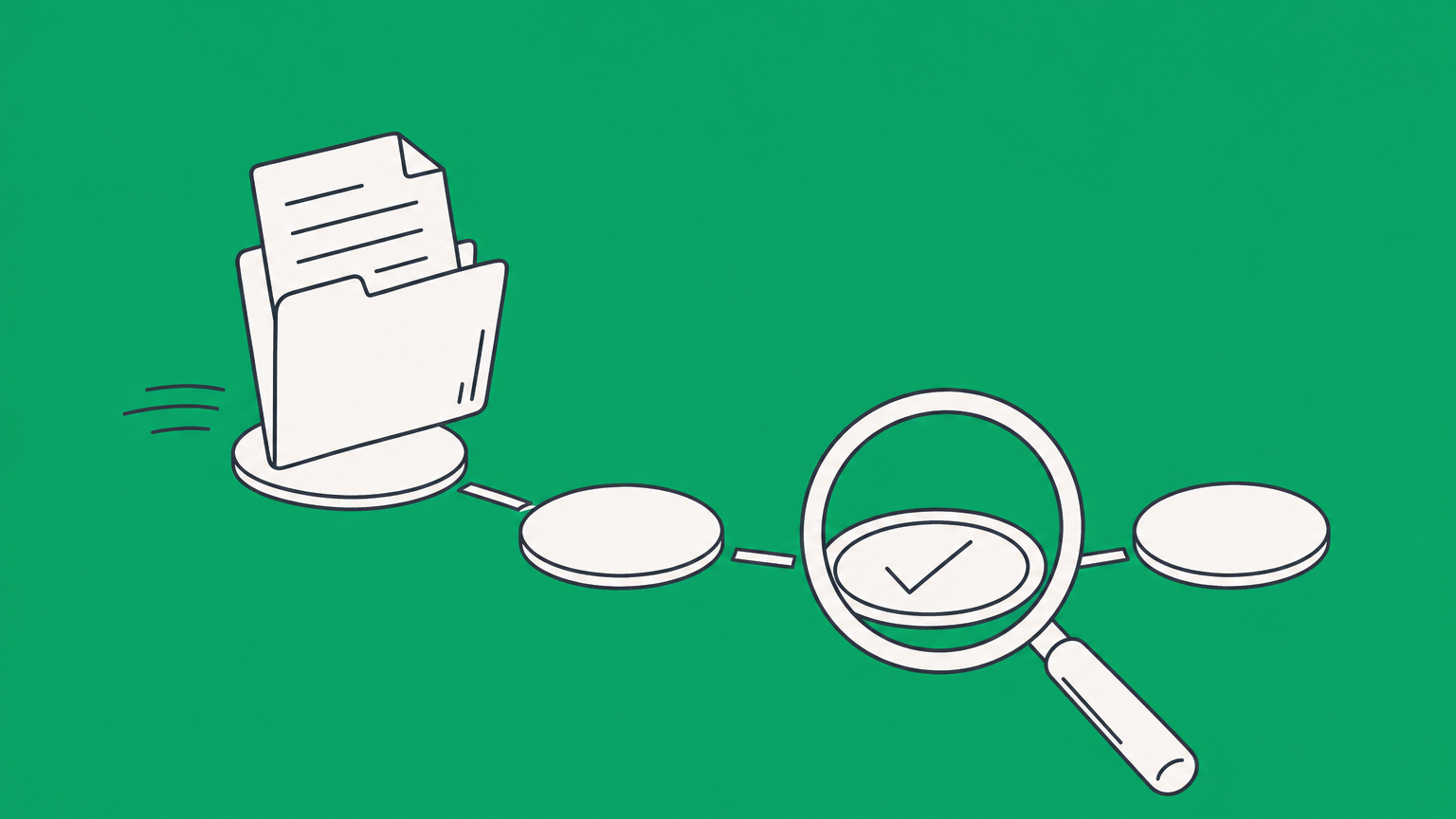 Flat illustration of a technical document folder moving through status checkpoints under a magnifying glass, representing a patent application status check.
