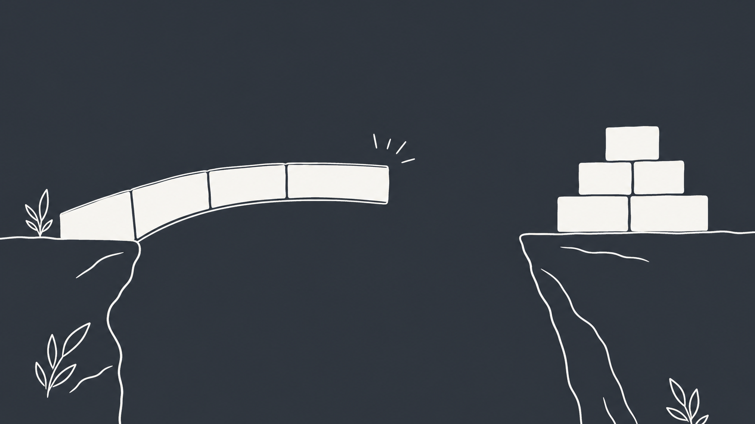 Flat illustration of a bridge missing its last block with blocks waiting on the far side, representing promissory estoppel