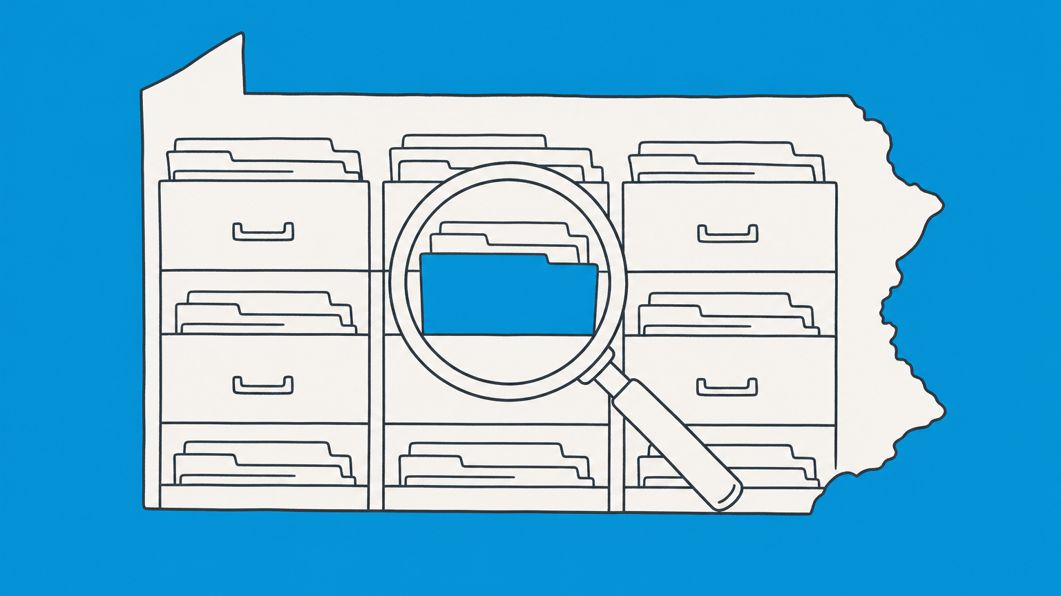 Flat illustration of a magnifying glass over a business folder in a Pennsylvania-shaped filing cabinet for a PA Secretary of State business search.