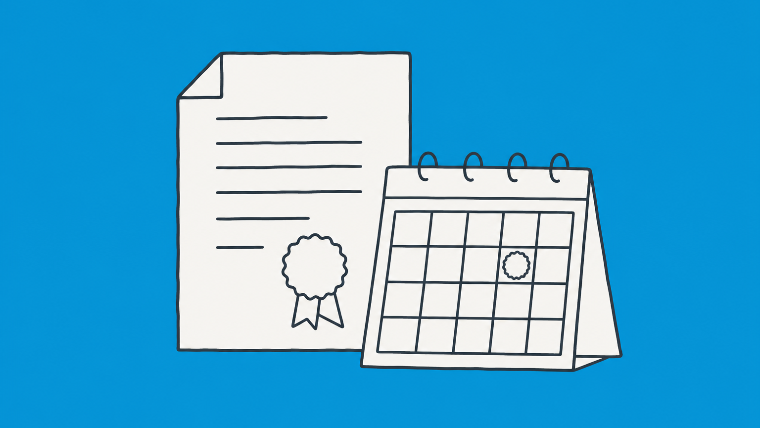 Flat illustration of a document next to a calendar with a sealed date, representing an issue date