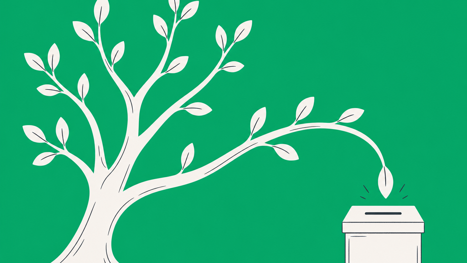 Flat illustration of a branching tree with one branch ending in a donation box, representing 501c vs 501c3