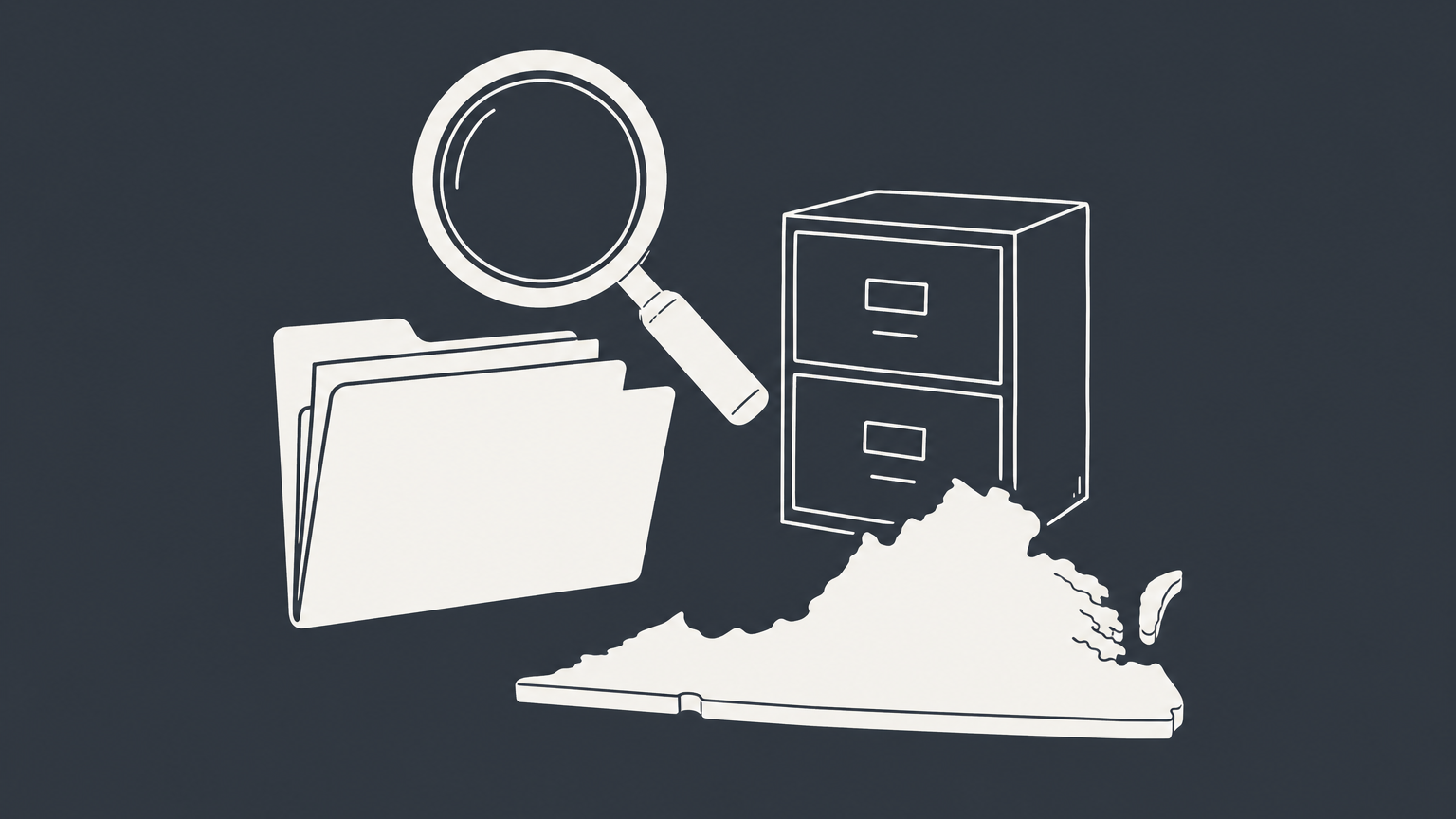 Flat illustration of a magnifying glass, business folder, filing cabinet, and Virginia-shaped tile representing a Virginia business entity search.