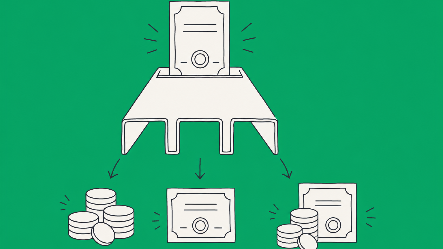 Flat illustration of a share certificate being converted into cash, new shares, or both during a company acquisition.