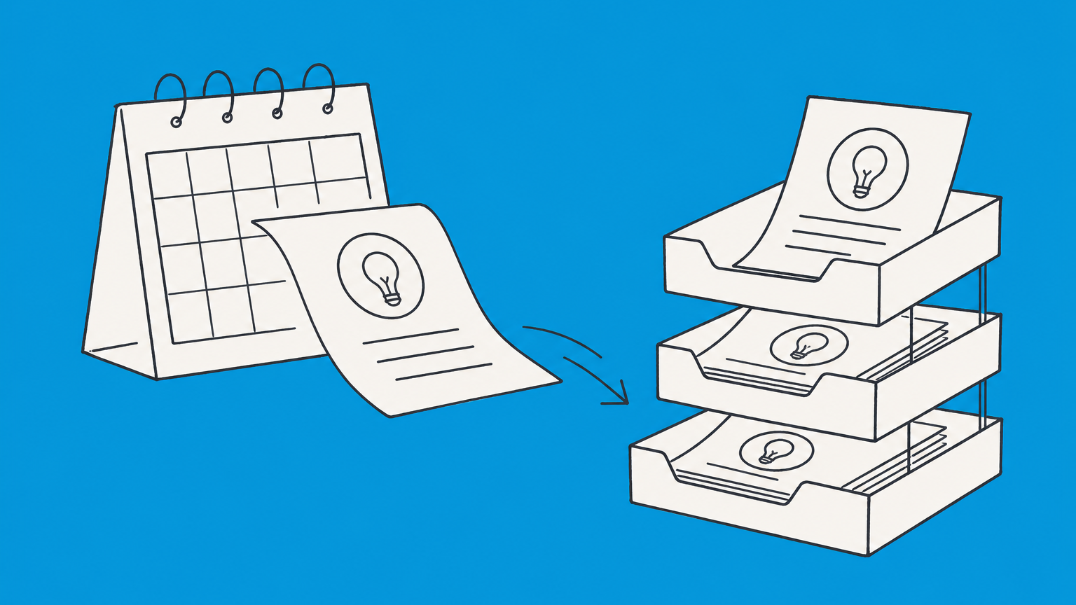 Flat illustration of a calendar feeding patent sheets into ordered trays, representing a list of patents by date