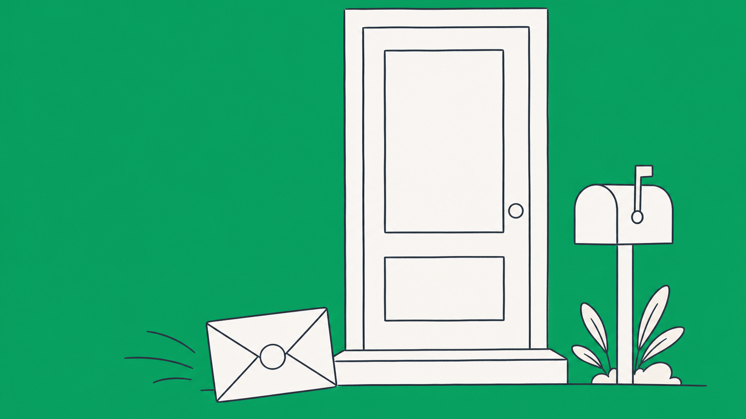 Flat illustration of an envelope arriving at a business door beside a mailbox, representing a New York registered agent