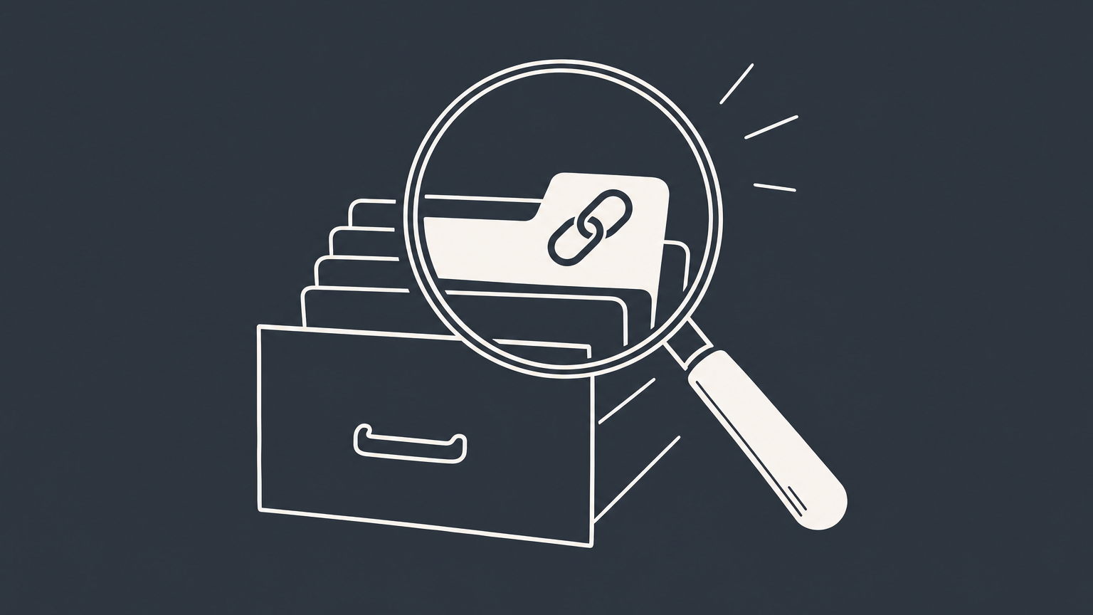 Flat illustration of a magnifying glass over a filing drawer with a chain-link tab, representing a California UCC search