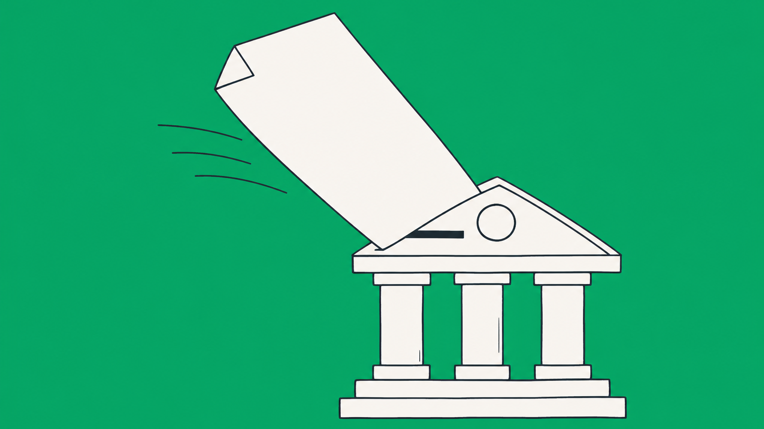 Flat illustration of a formation document entering a government building, representing LLC registration