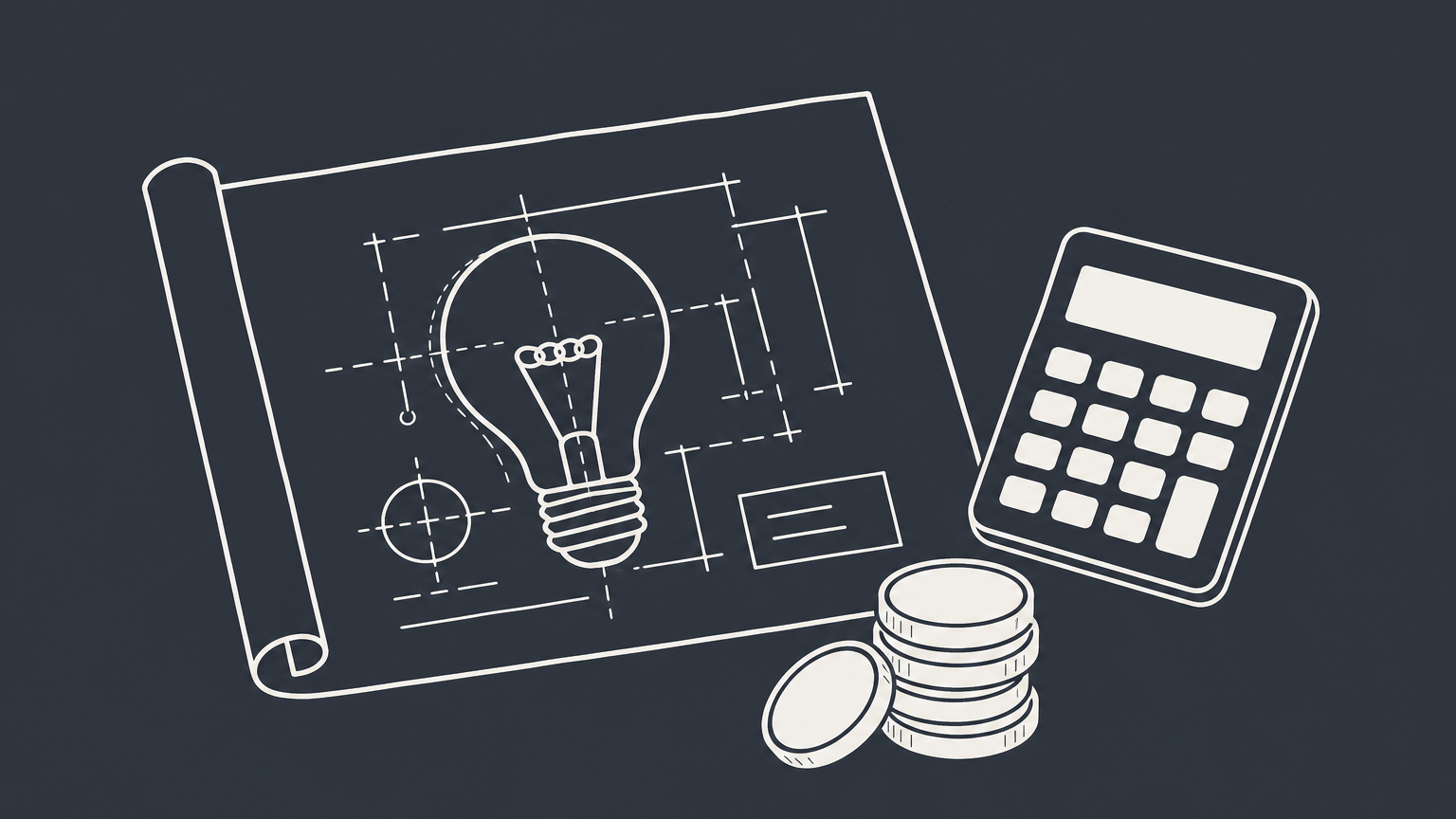 Flat illustration of a blueprint beside a calculator and coins, representing patent lawyer cost