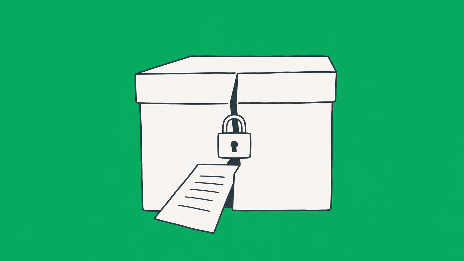 Flat illustration of a locked file box with a document slipping out, representing a breach of confidentiality