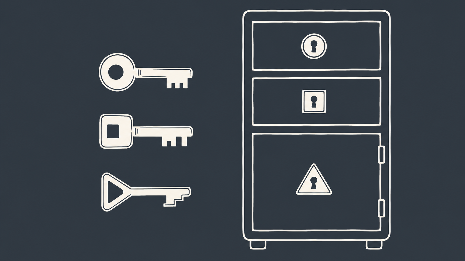 Flat illustration of three distinct keys and matching compartments representing different rights attached to Class A shares and other stock classes.