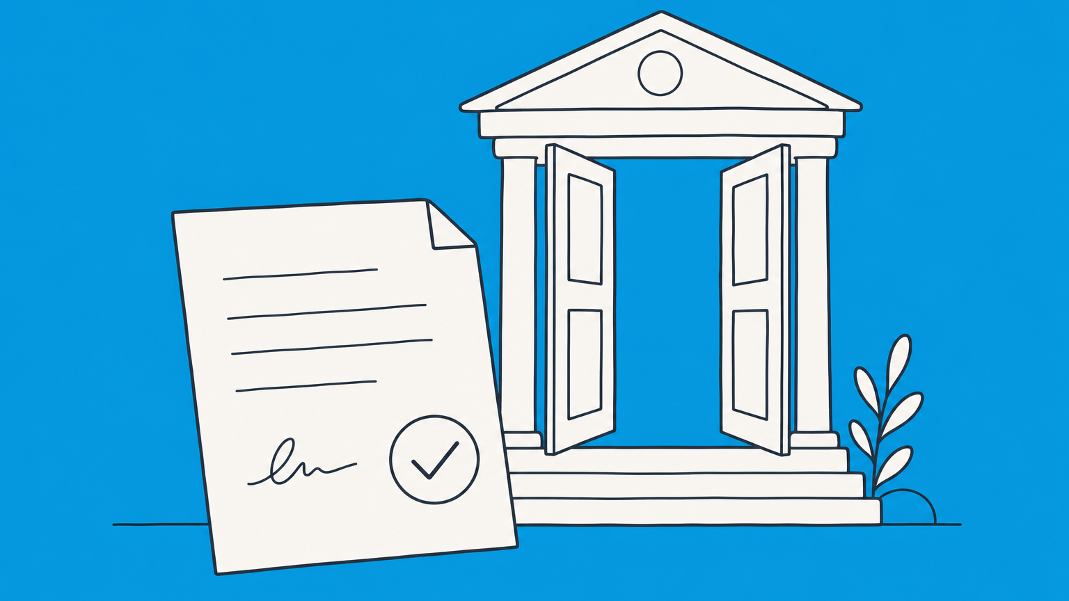 Flat illustration of a signed sheet with a check-mark seal beside a courthouse doorway representing a legal declaration.