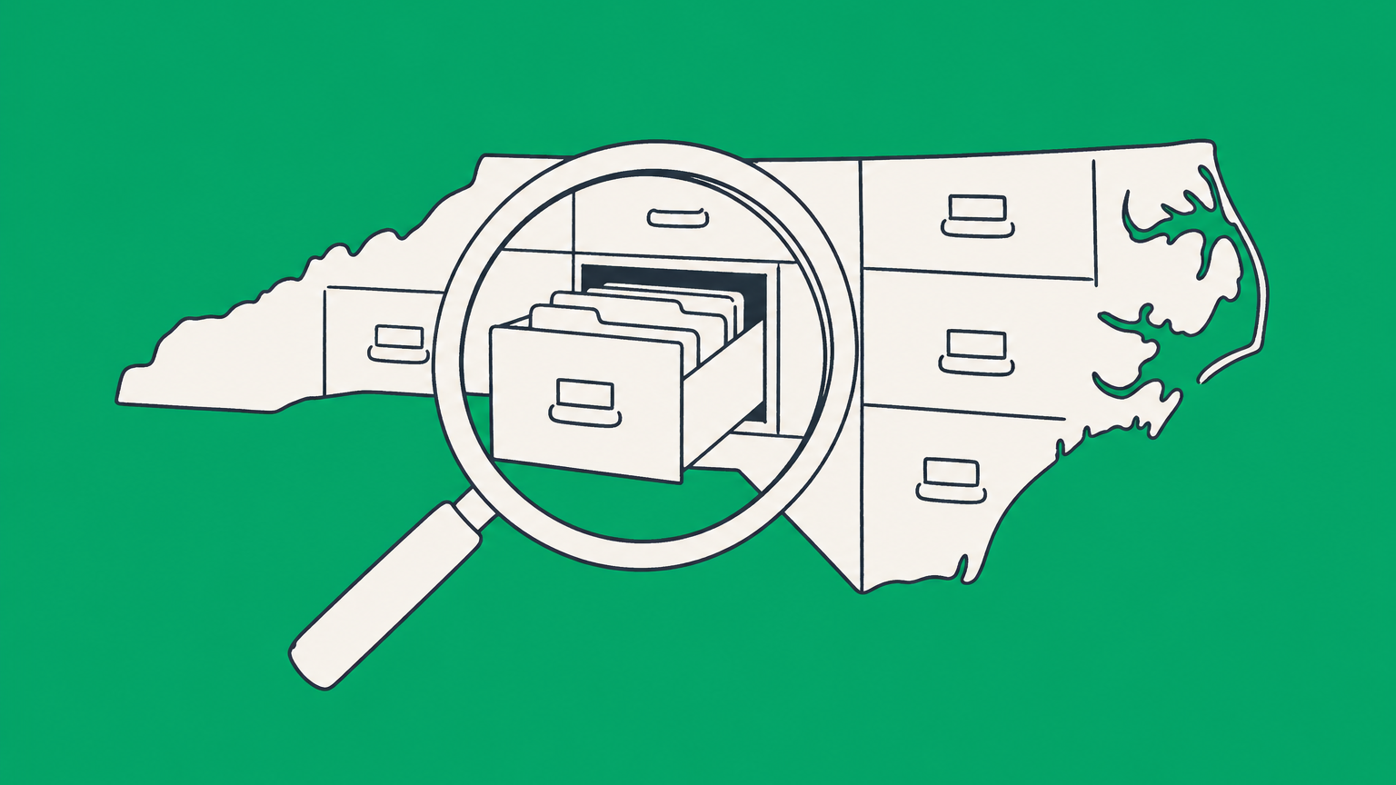 Flat illustration of a magnifying glass over a North Carolina-shaped filing cabinet, representing the NC Secretary of State business search