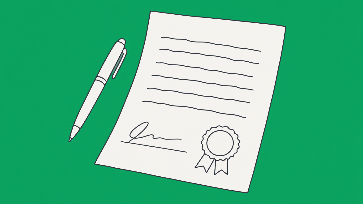 Flat illustration of a handwritten agreement with a signature and seal, representing whether a handwritten contract is legally binding