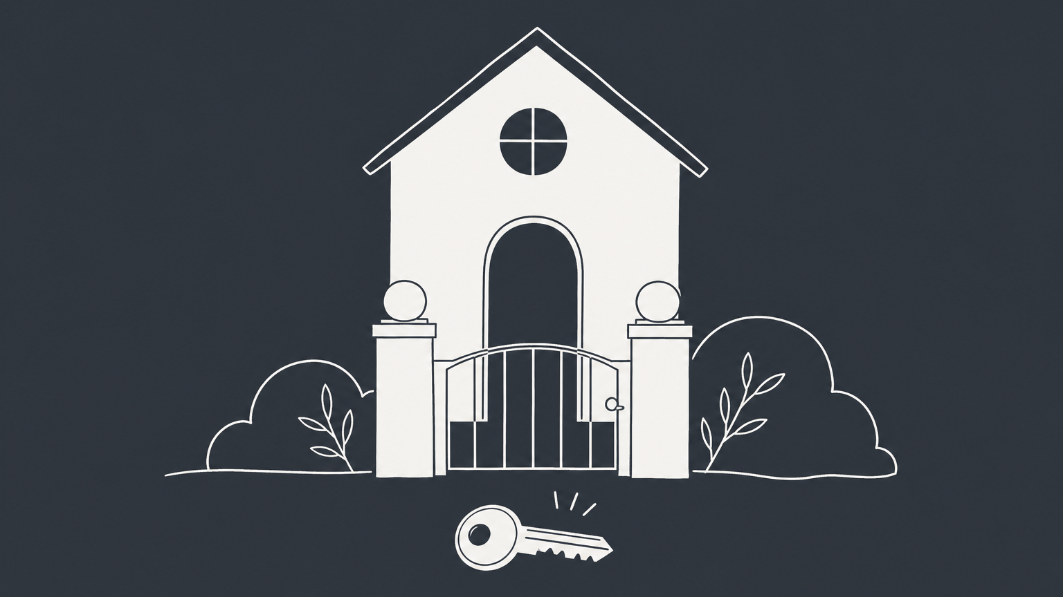 Flat illustration of a house with a gate and a waiting key, representing a right of first refusal