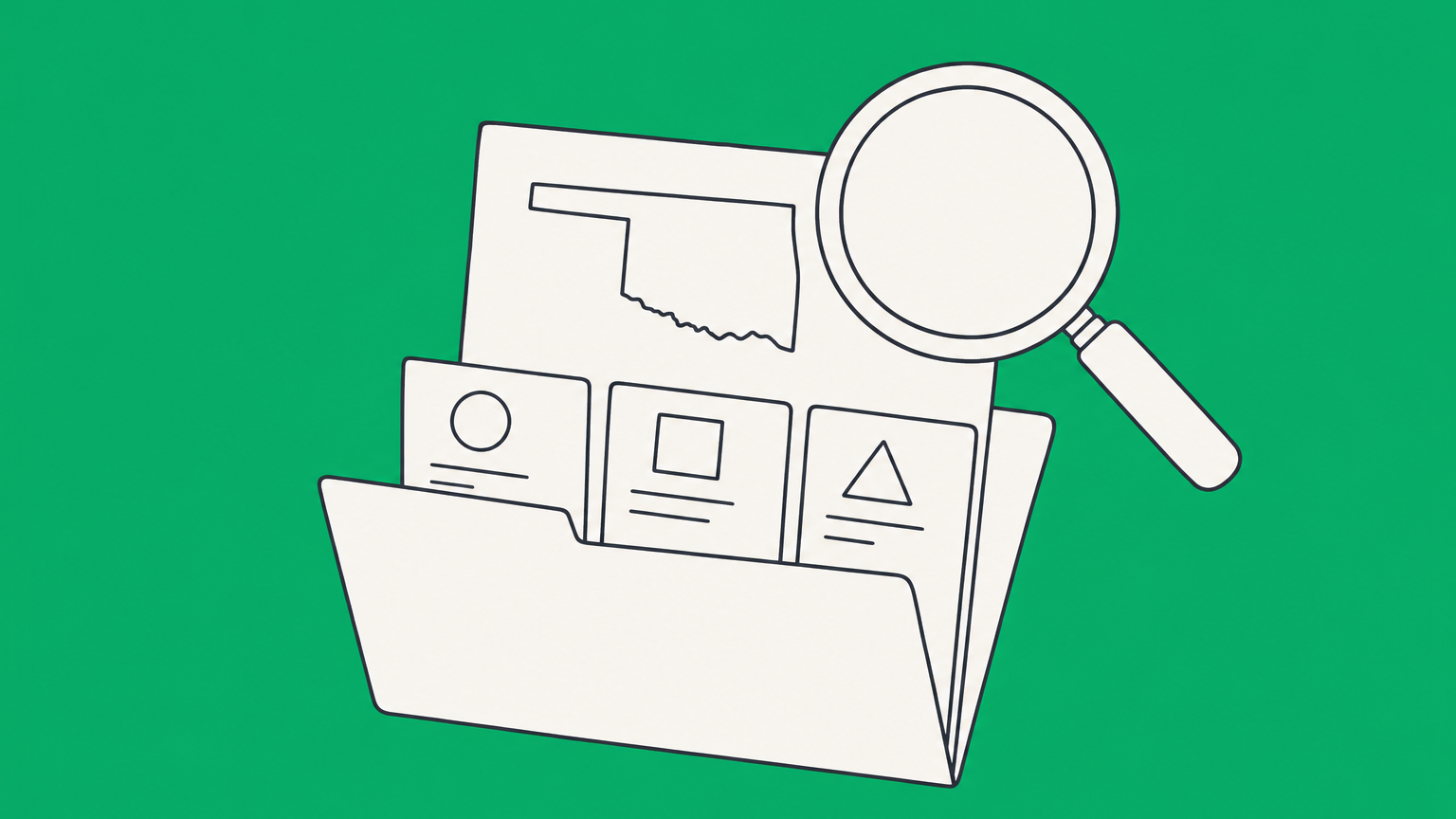 Flat illustration of a magnifying glass examining an Oklahoma business filing folder for an Oklahoma Secretary of State business search.