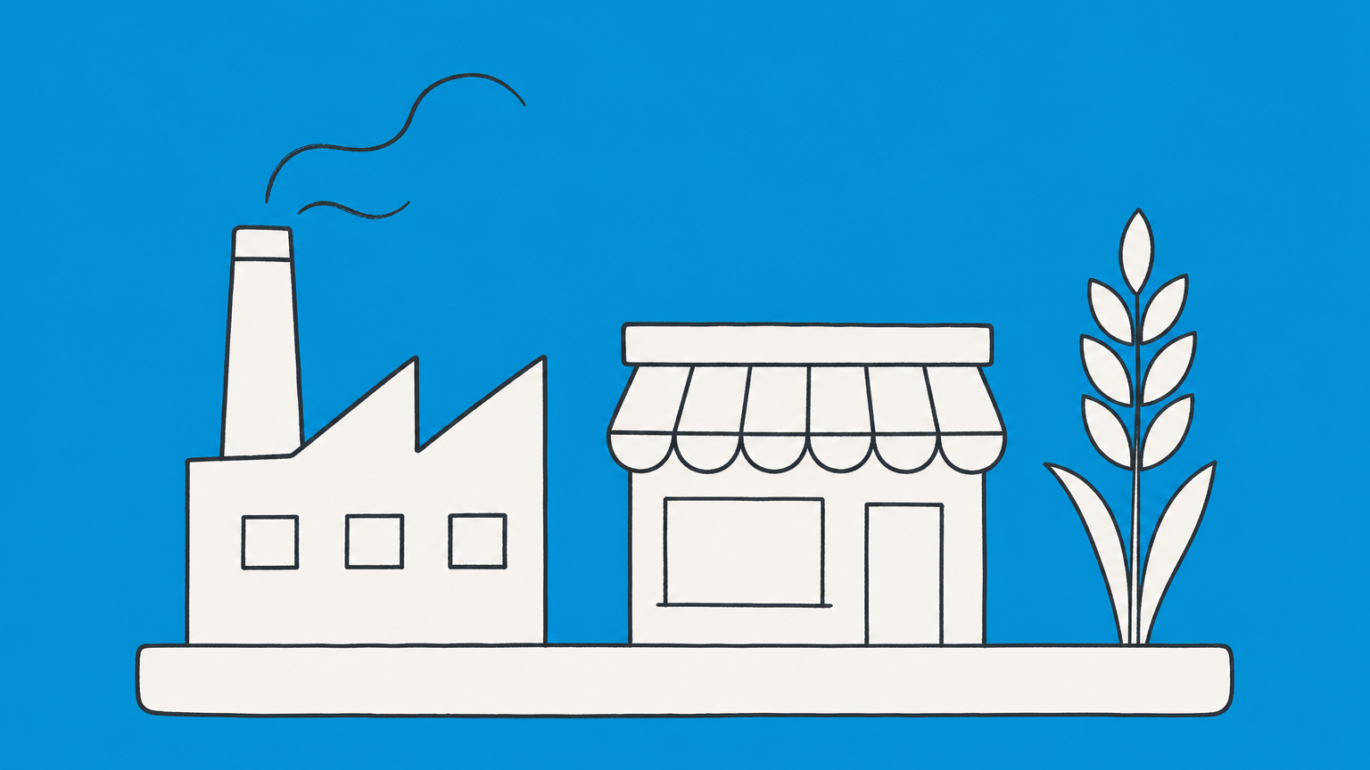 Flat illustration of a factory, storefront, and wheat stalk on one platform, representing business sectors