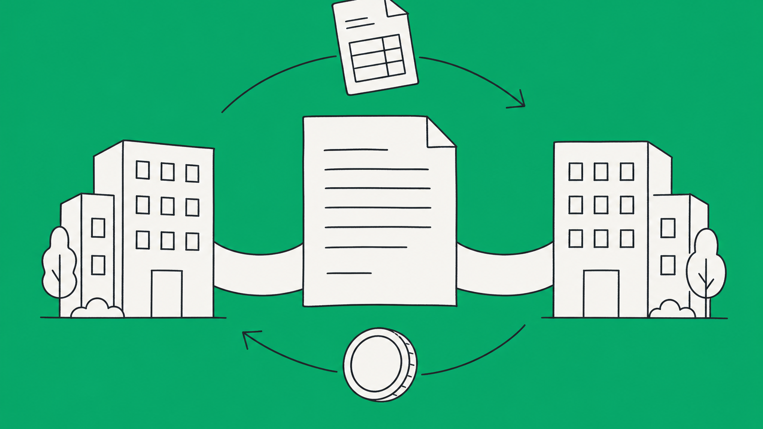 Flat illustration of two businesses exchanging a contract, invoice, and payment in a C2C corp-to-corp arrangement.