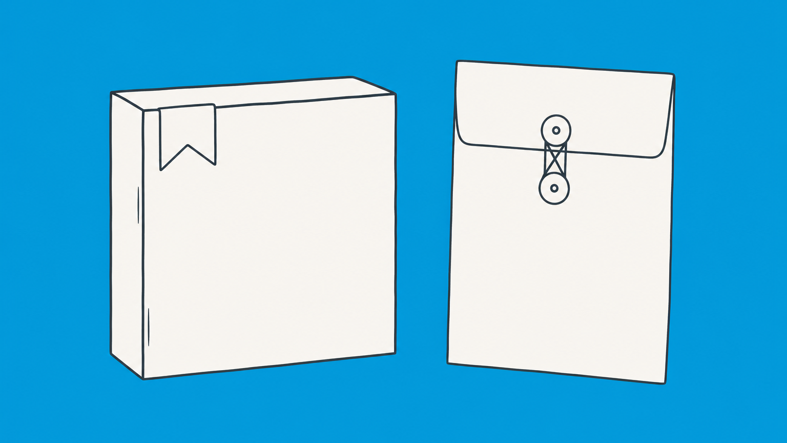 Flat illustration of a product box with a corner pennant beside a sealed registration folder representing the TM symbol and registered trademark status.