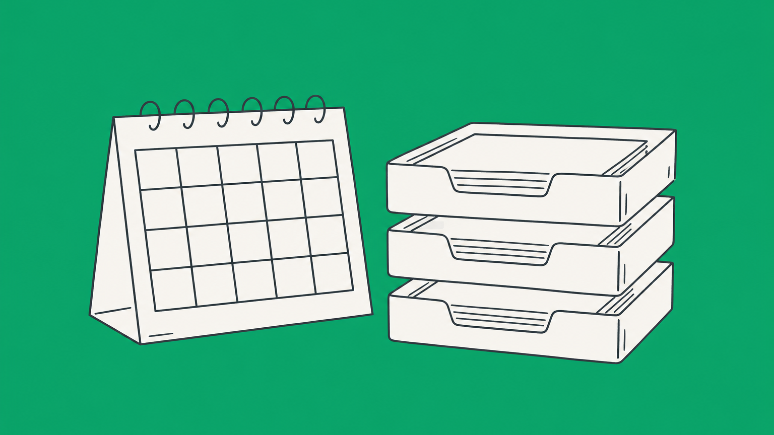 Flat illustration of a calendar beside payment trays, representing the California LLC fee schedule