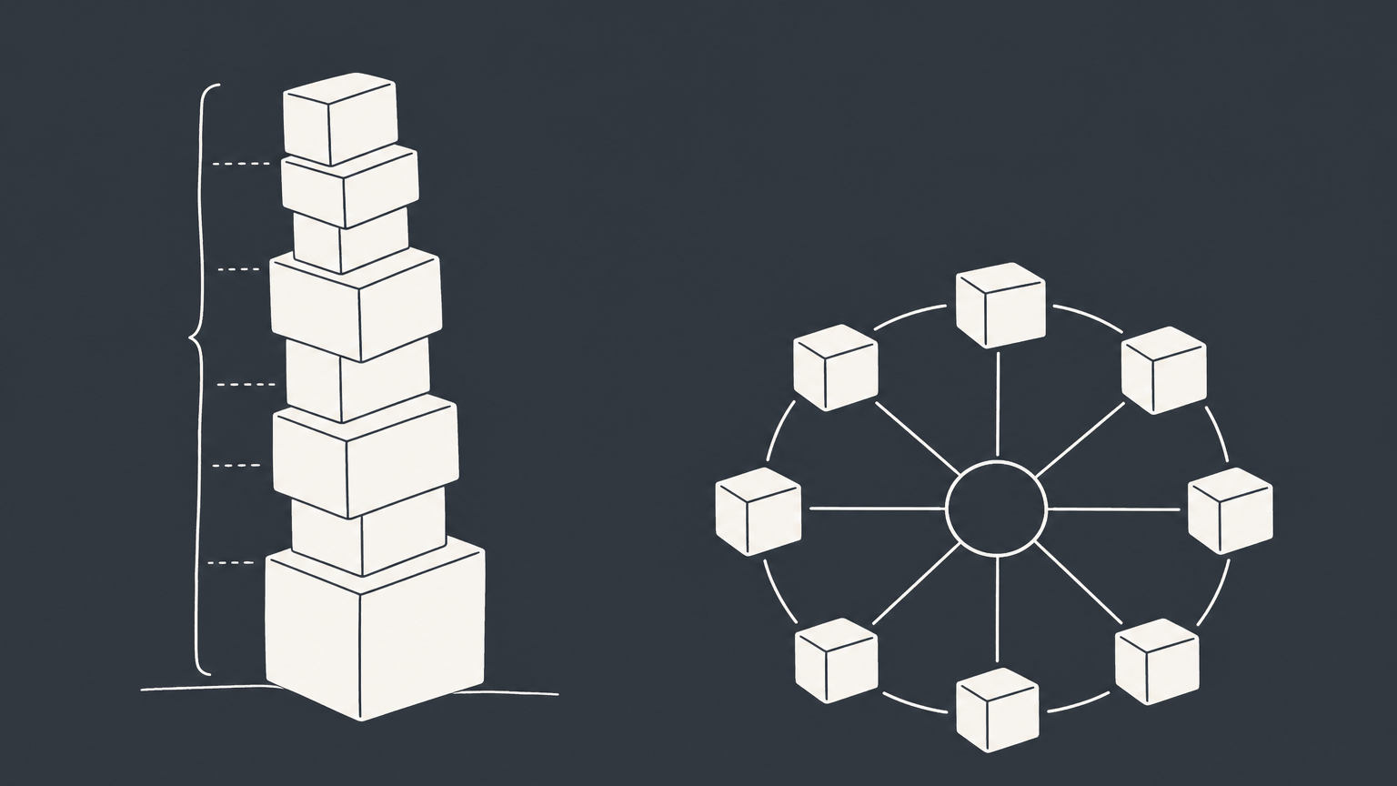 Flat illustration of unequal ownership blocks beside equal member blocks around a shared hub, representing cooperative vs corporation governance.