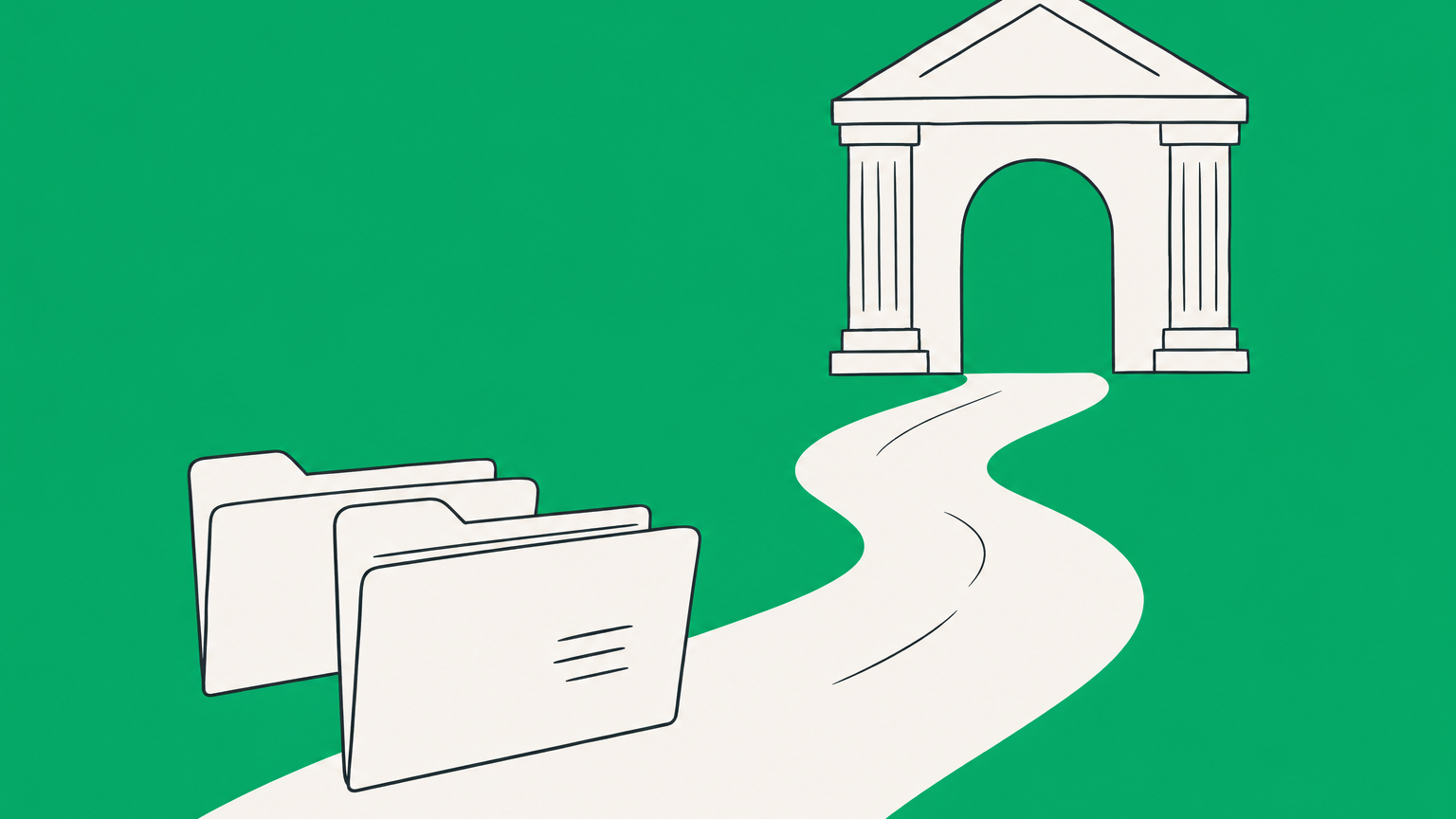 Flat illustration of two folders heading toward a courthouse door, representing litigation