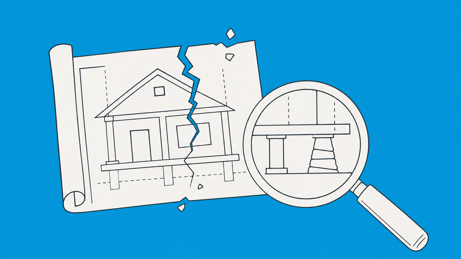 Flat illustration of a cracked house blueprint under a magnifying glass representing negligent misrepresentation in business and real estate.