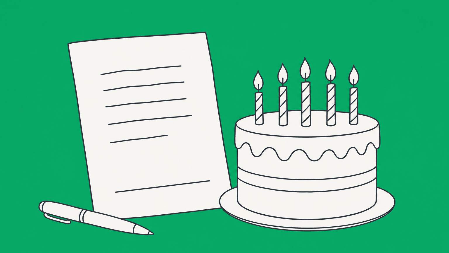Flat illustration of a contract beside a birthday cake, representing the legal age to sign a contract