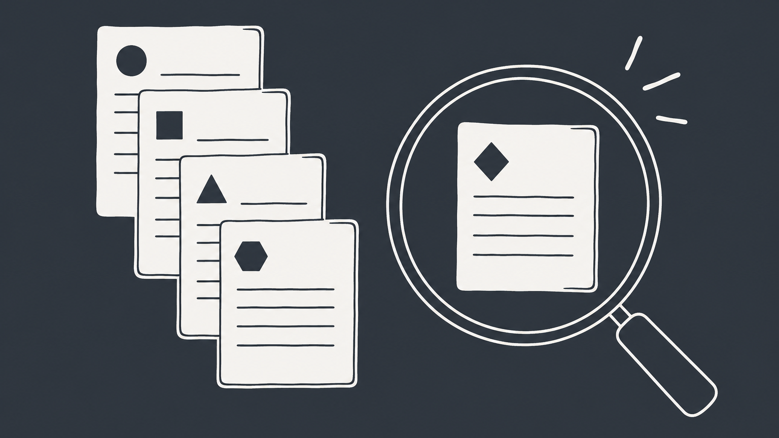 Flat illustration of a magnifying glass isolating one tagged document from a stack to represent reading and looking up a patent number.