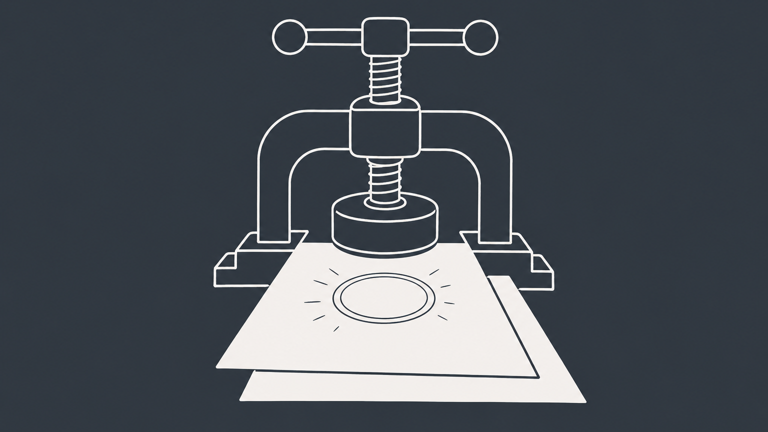 Flat illustration of a mechanical press sealing two overlapping documents to represent what it means to ratify an act or agreement.
