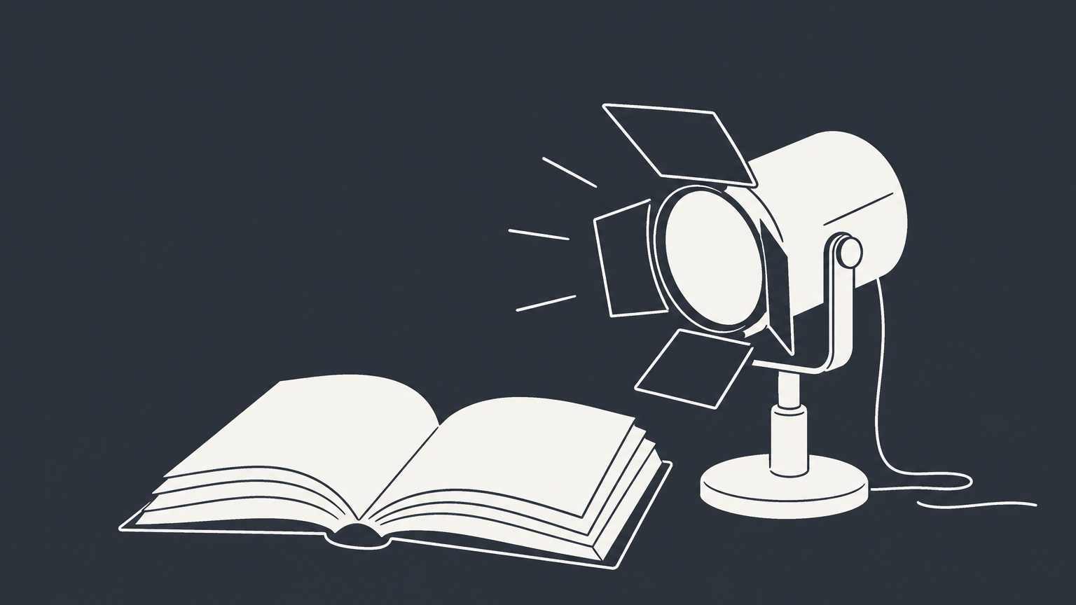 Flat illustration of a book beside a spotlight, representing trademark class 41 education and entertainment services