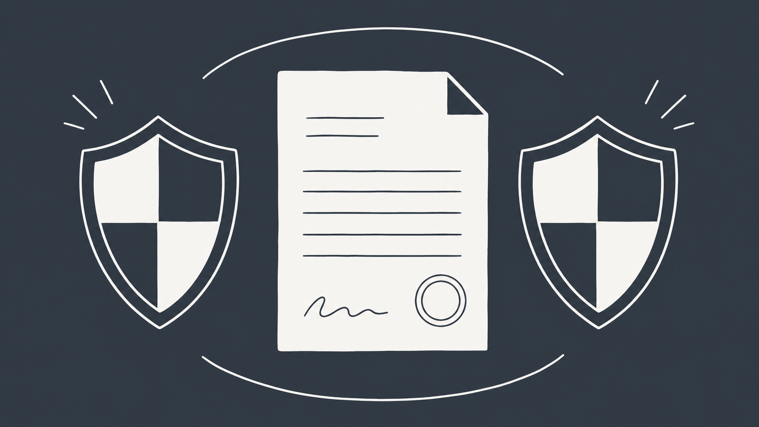 Flat illustration of a contract between two shields, representing indemnify and hold harmless clauses