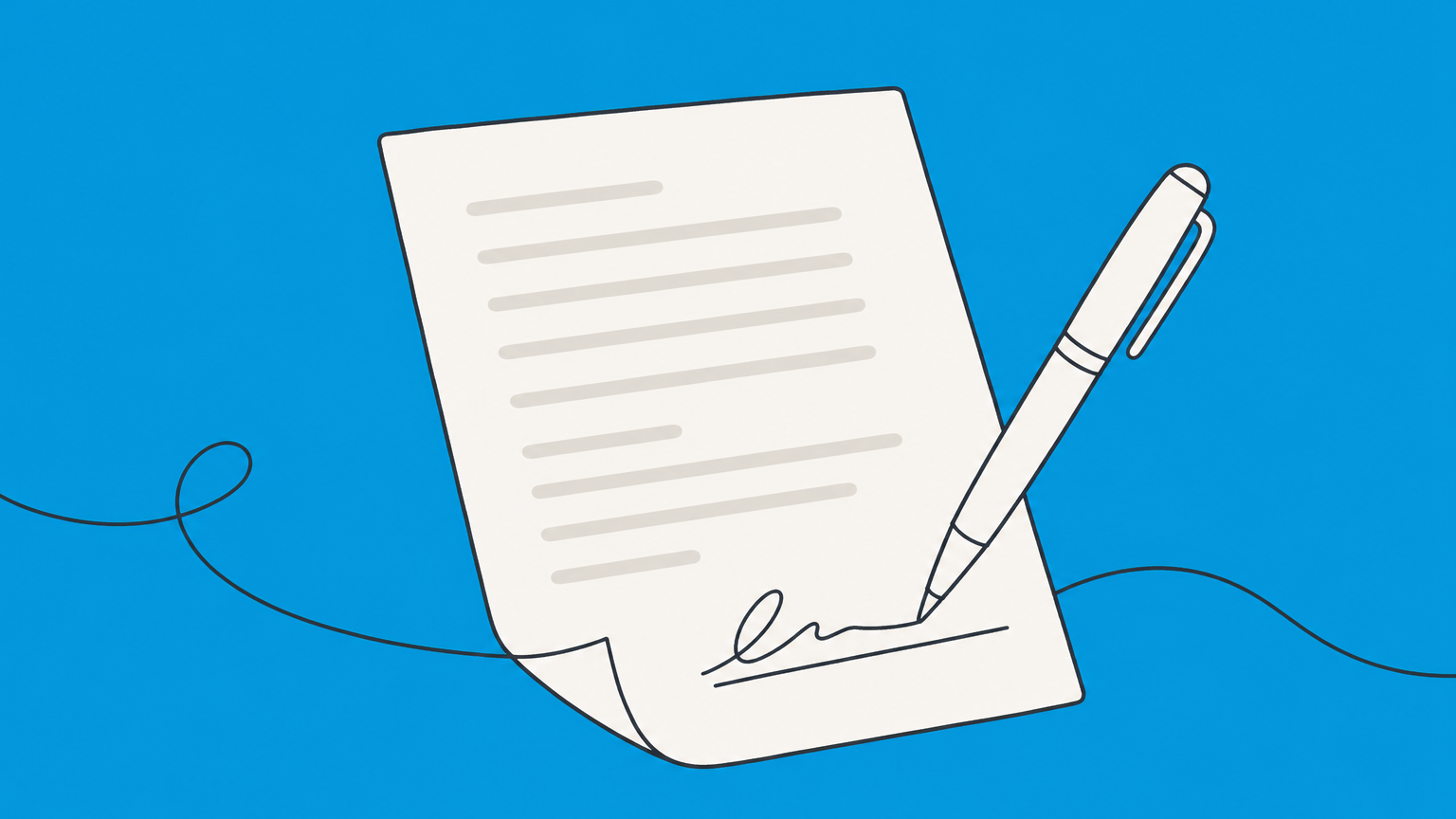 Flat illustration of a pen signing a contract with blurred text, representing signing a contract without reading it