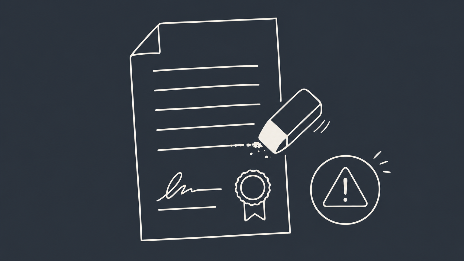 Flat illustration of a signed document with a line being erased next to a warning seal, representing altering a document after signing