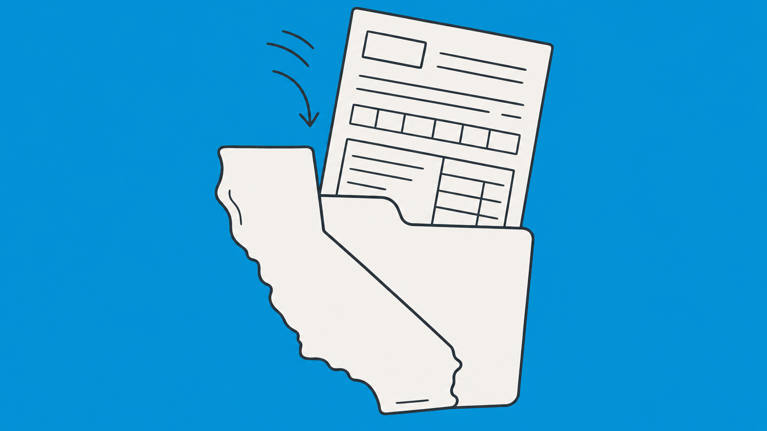 Flat illustration of a tax form entering a California-shaped folder, representing Form 568
