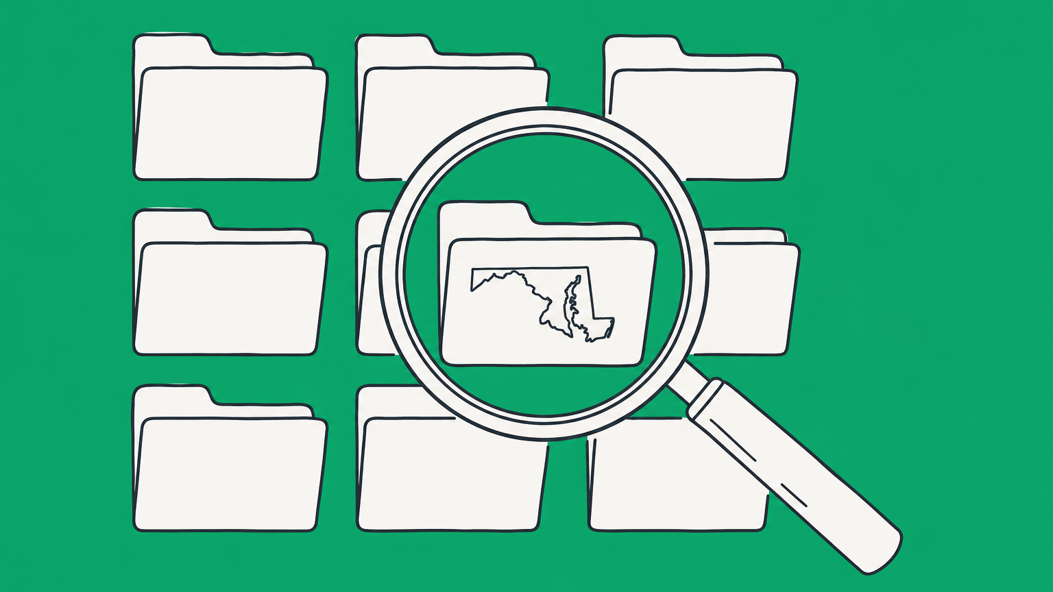 Flat illustration of a magnifying glass examining business filing folders for a Maryland business entity search.