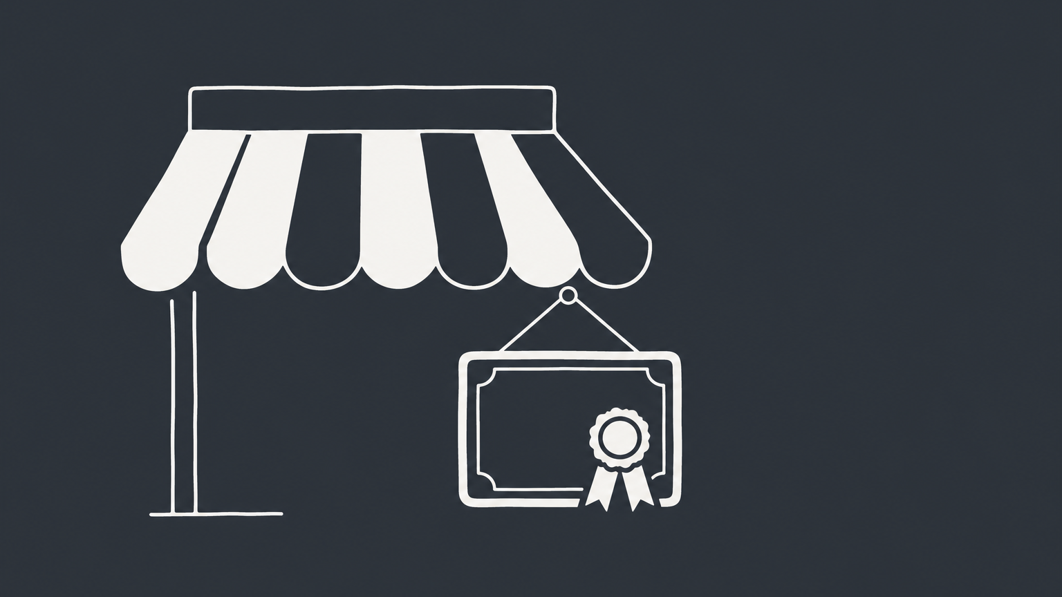 Flat illustration of a storefront awning with a certificate beside it, representing a DBA license